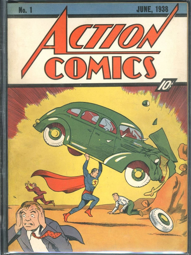first issue of action comics which is the first appearance of superman holding a green car in the air